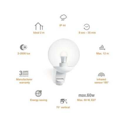 STEINEL 005917- Вуличний настінний світильник з сенсором L585S 1xE27/60W білий IP44