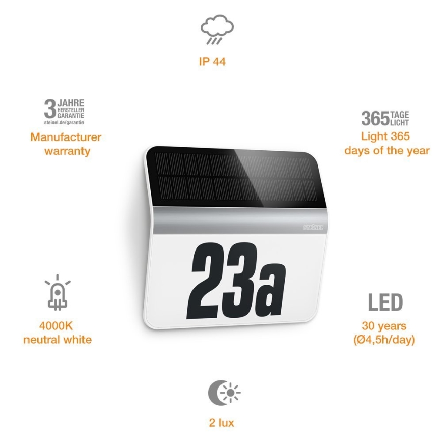 STEINEL 007140 - Світлодіодний сонячний будинковий номер XSolar LH-N LED/0,03W нержавіюча сталь IP44 2500 мАг