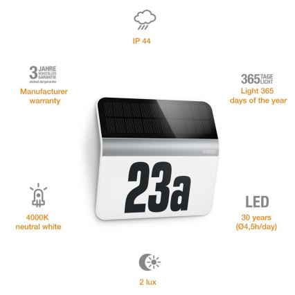 STEINEL 007140 - Светодиодный солнечный домовой номер XSolar LH-N LED/0,03W нержавеющая сталь IP44 2500 мАч
