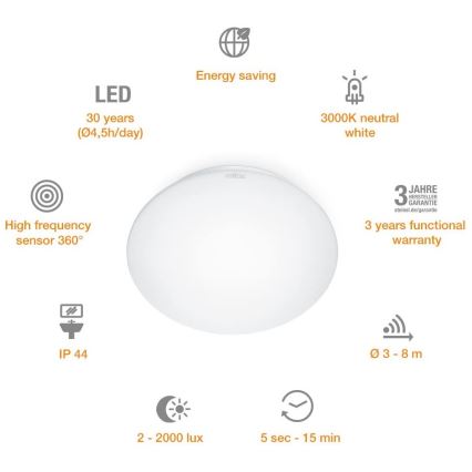 STEINEL 035105 - Светодиодный светильник для ванной комнаты с датчиком RS 16 LED G LED/9,5W/230V IP44