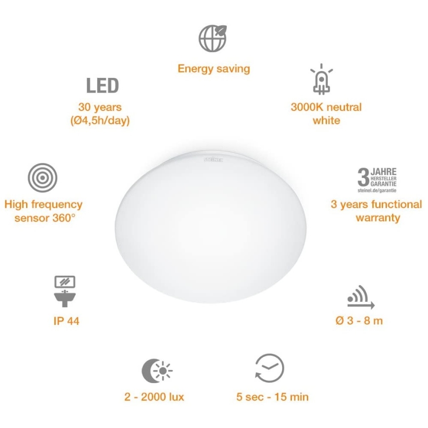 STEINEL 035105 - Светодиодный светильник для ванной комнаты с датчиком RS 16 LED G LED/9,5W/230V IP44