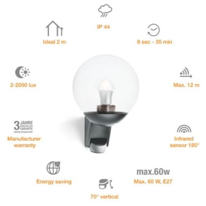 Steinel 035723 - Уличный настенный светильник с датчиком L585S 1xE27/60W/230V IP44