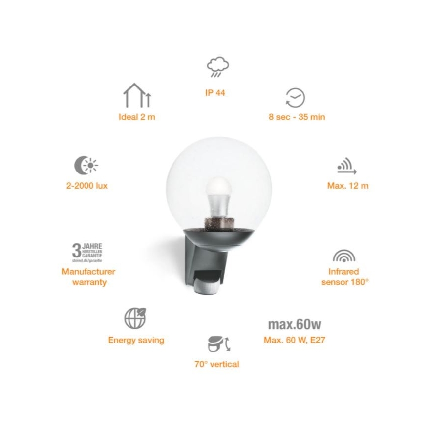 Steinel 035723 - Уличный настенный светильник с датчиком L585S 1xE27/60W/230V IP44