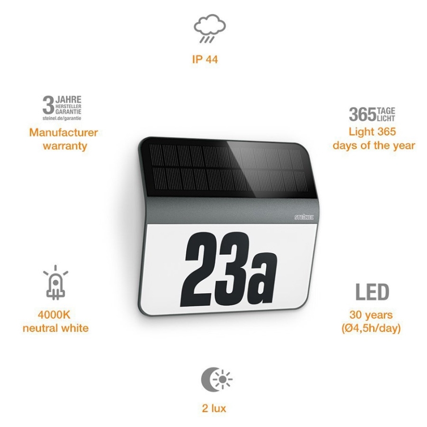 STEINEL 035730 - Світлодіодний сонячний номер будинку XSolar LH-N LED/0,03W IP44 2500 mAh