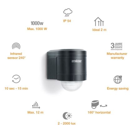 STEINEL 602710 - Вуличний інфрачервоний настінний датчик IS240 антрацит IP54