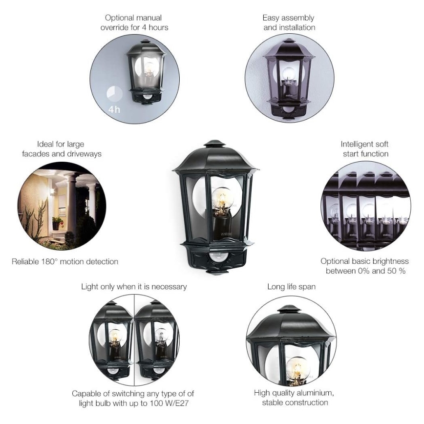 Steinel 644413 - Уличный настенный светильник с датчиком L 190 S 1xE27/100W/230V IP44