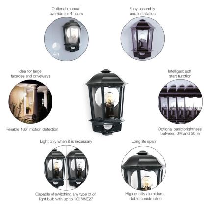 Steinel 644413 - Уличный настенный светильник с датчиком L 190 S 1xE27/100W/230V IP44