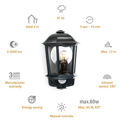 Steinel 644413 - Уличный настенный светильник с датчиком L 190 S 1xE27/100W/230V IP44
