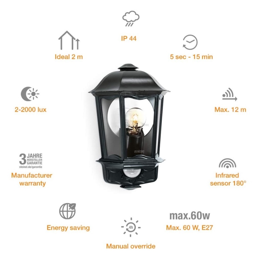 Steinel 644413 - Уличный настенный светильник с датчиком L 190 S 1xE27/100W/230V IP44