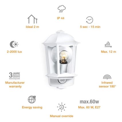 Steinel 644512 - Уличный настенный светильник с датчиком L 190 S 1xE27/100W/230V IP44