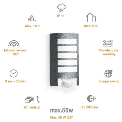 STEINEL 657819 - Зовнішній світильник з датчиком L12 1xE27/60W/230V IP44