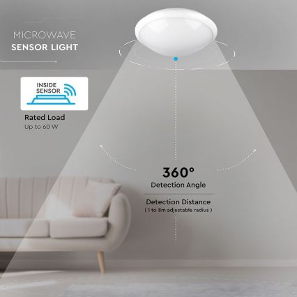 Стельовий світильник для ванної кімнати з датчиком 1xE27/60W/230V IP44 ø 29,6 см