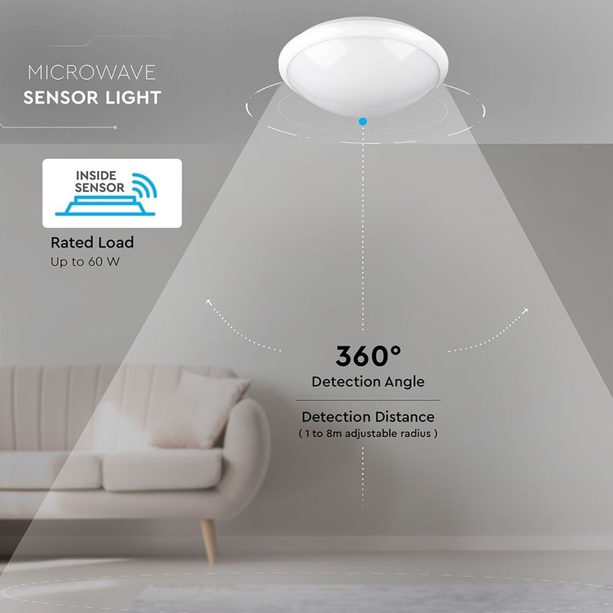 Стельовий світильник для ванної кімнати з датчиком 1xE27/60W/230V IP44 ø 29,6 см