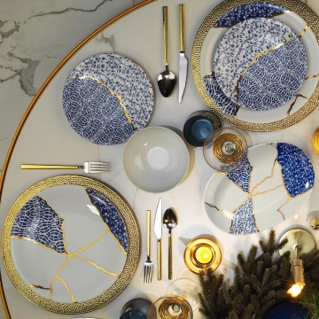 Столовий сервіз 28 шт білий/золотий/синій/фарфор