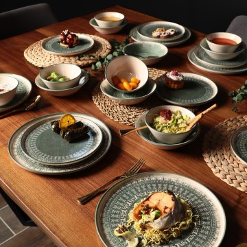 Столовый набор, 24 предмета, бежевый/зелёный, из каменной керамики