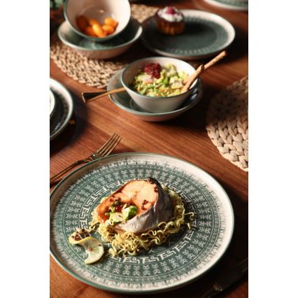 Столовый набор, 24 предмета, бежевый/зелёный, из каменной керамики