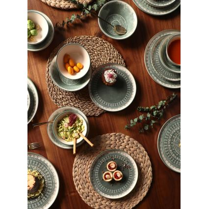 Столовый набор, 24 предмета, бежевый/зелёный, из каменной керамики