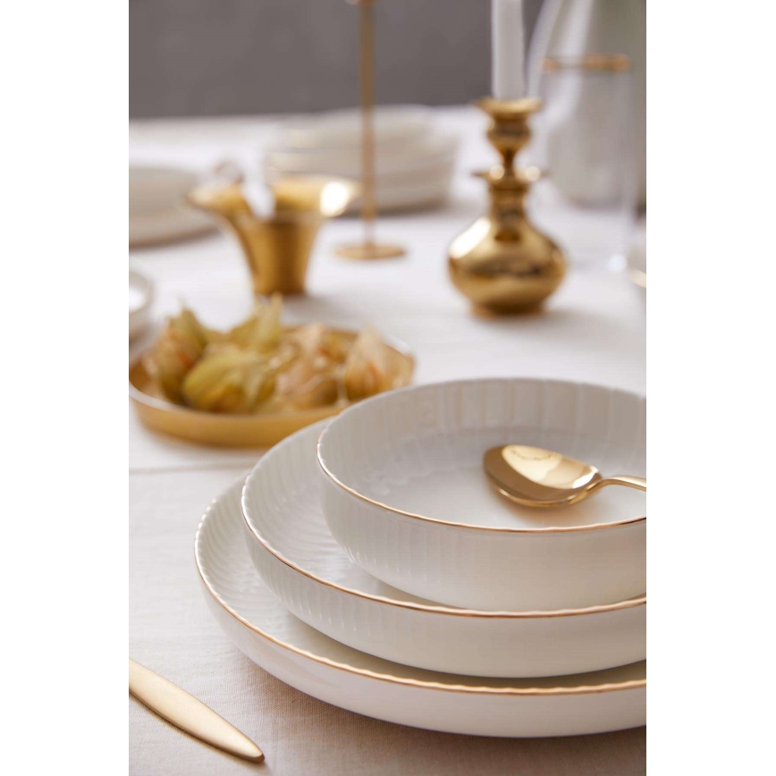 Столовый набор из 18 предметов — белый с золотой отделкой, фарфор