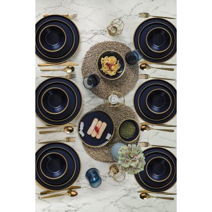 Столовый набор из 24 предметов, синий с золотой отделкой, керамика