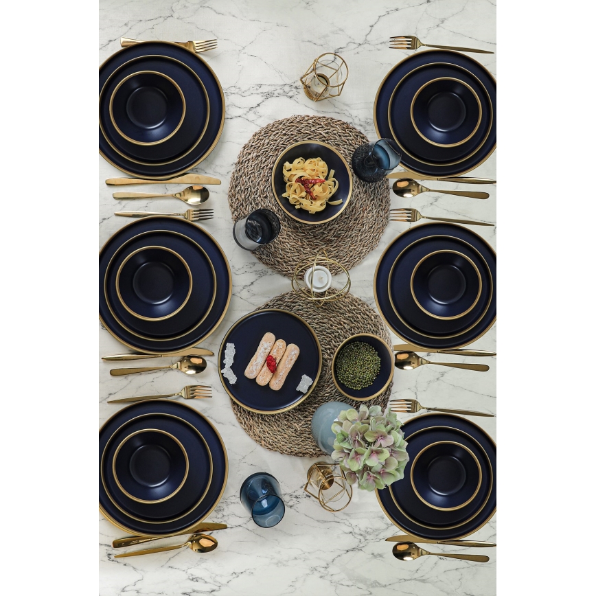 Столовый набор из 24 предметов, синий с золотой отделкой, керамика