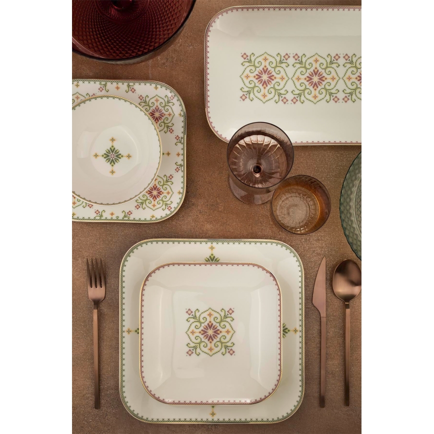 Столовый набор из 26 предметов, белый/зелёный, фарфор