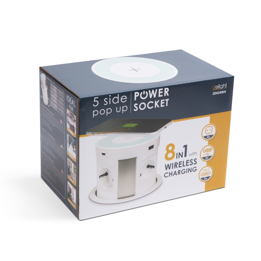 Стовпчик розеток для стільниці зі бездротовою зарядкою 4x230V + 2xUSB-A + 2xUSB-C білий