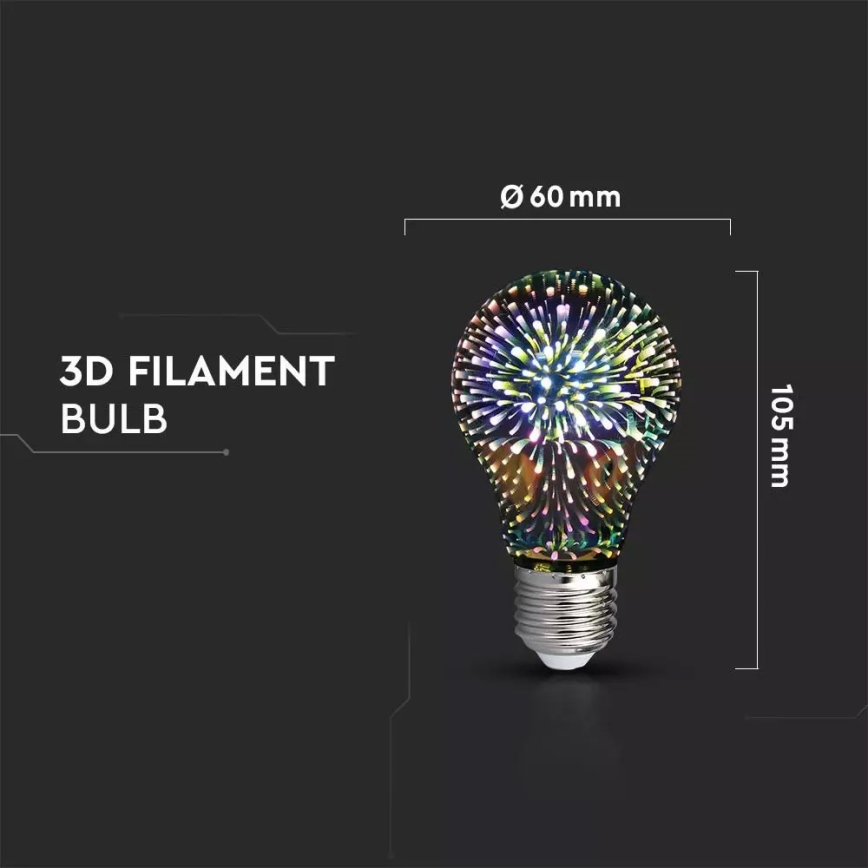 Светодиодная декоративная 3D-лампочка FILAMENT A60 E27/3W/230V 3000K