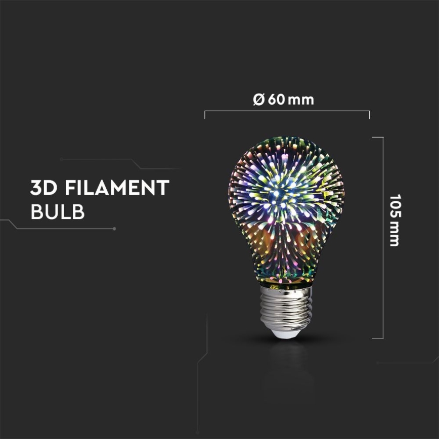 Светодиодная декоративная 3D лампочка FILAMENT A60 E27/3W/230V 3000K