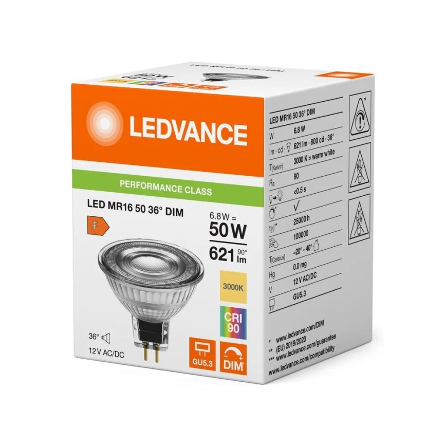 Светодиодная диммируемая лампа MR16 GU5,3/6,8W/12V 3000K 36° CRI 90 - Ledvance