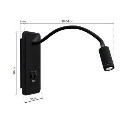 Светодиодная гибкая настенная лампа c USB BASE 1xLED/8W+1xLED/2W/230V черный