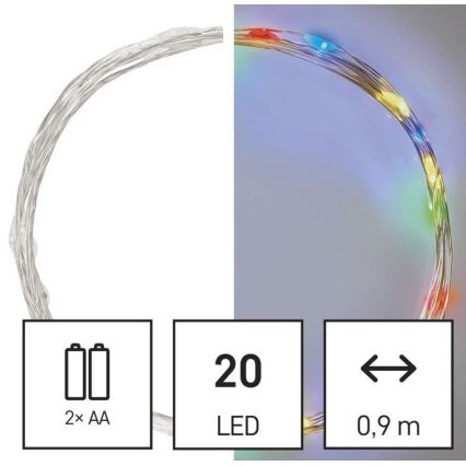 Светодиодная гирлянда 20×LED, питание от 2×AA, длина 2,4 м, многоцветная
