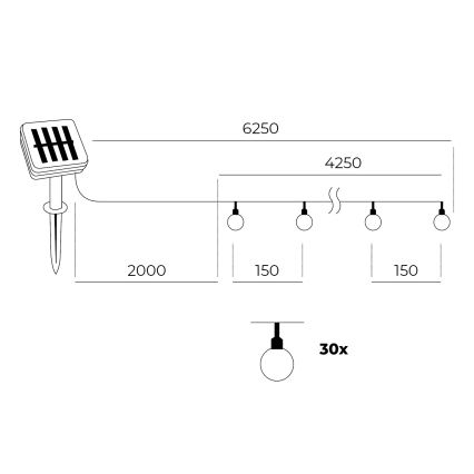 Светодиодная гирлянда на солнечной батарее 30xLED/0,12W/1,2V 1xAA 3000K IP44 400 mAh