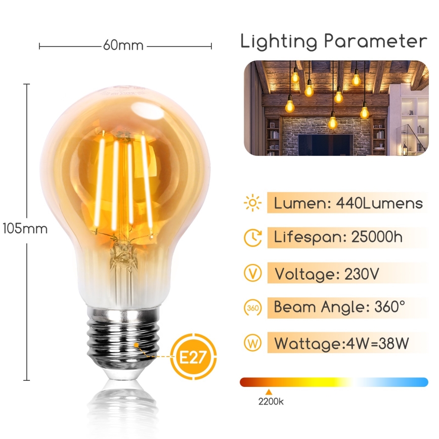 Светодиодная лампа A60 E27/4W/230V 2200K - Aigostar