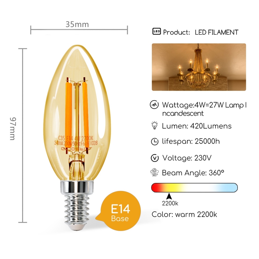 Светодиодная лампа C35 E14/4W/230V 2200K - Aigostar