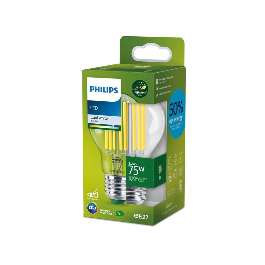 Светодиодная лампа Filament Philips A60, цоколь E27, 5,2 Вт, 230 В, 4000 К