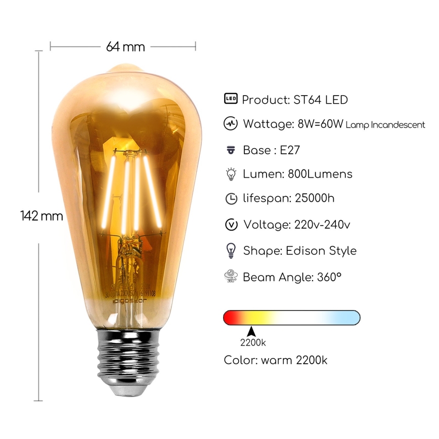 Светодиодная лампа ST64 E27/8W/230V 2200K - Aigostar