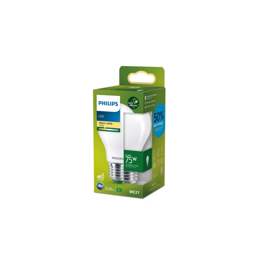 Светодиодная лампа ULTRAEFFICIENT Philips A60 E27/5,2 Вт/230 В 2700 К