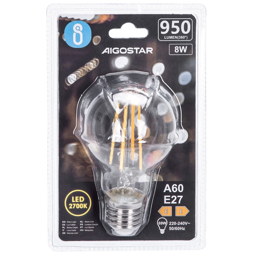 Светодиодная лампочка FILAMENT A60 E27/8W/230V 2700K - Aigostar