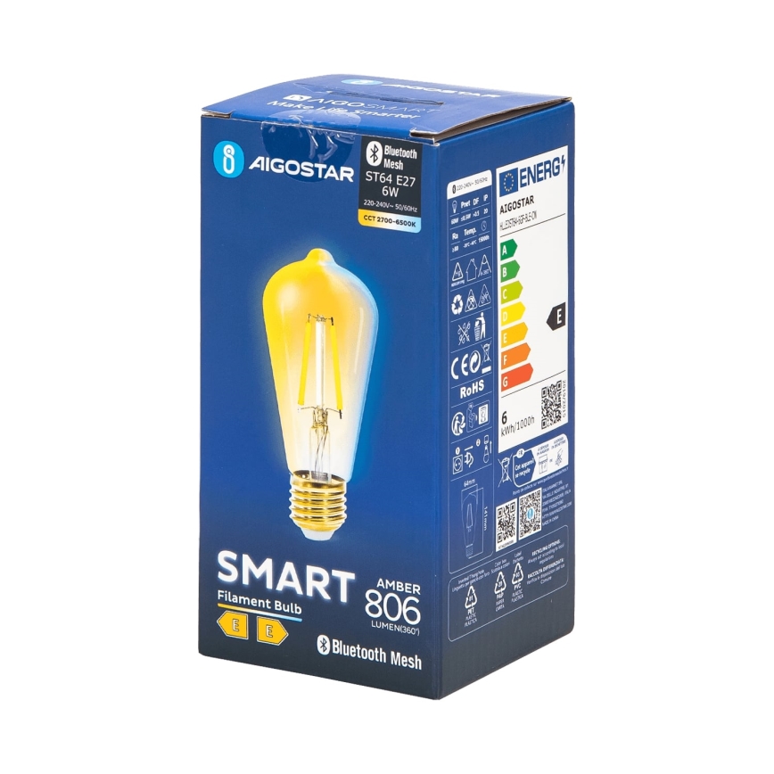 Светодиодная лампочка с регулированием яркости FILAMENT MESH Smart ST64 E27/6W/230V 2700-6500K - Aigostar