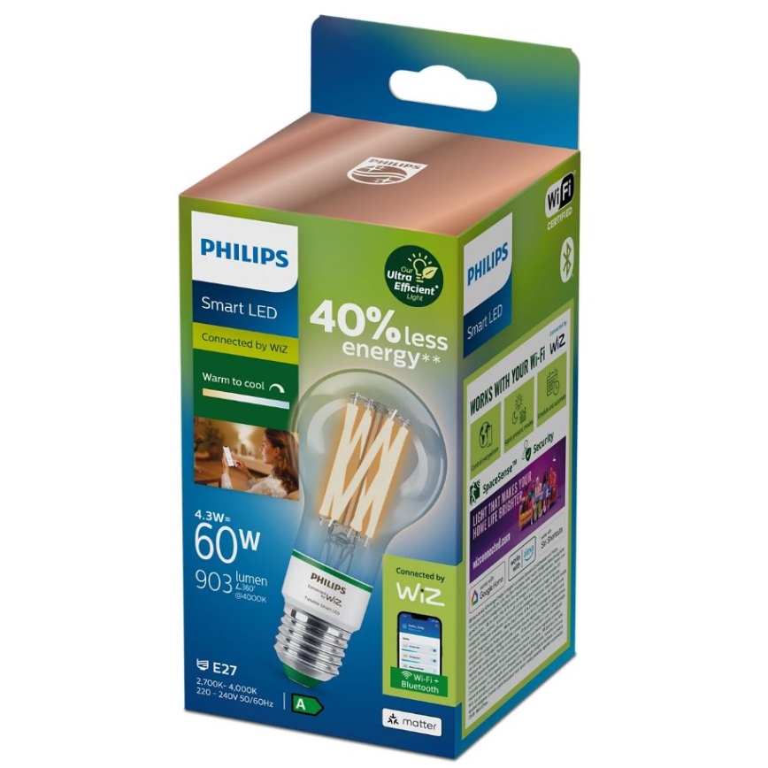 Светодиодная лампочка с регулированием яркости Philips A60 E27/4,3W/230V 2700-4000K CRI 90 Wi-Fi