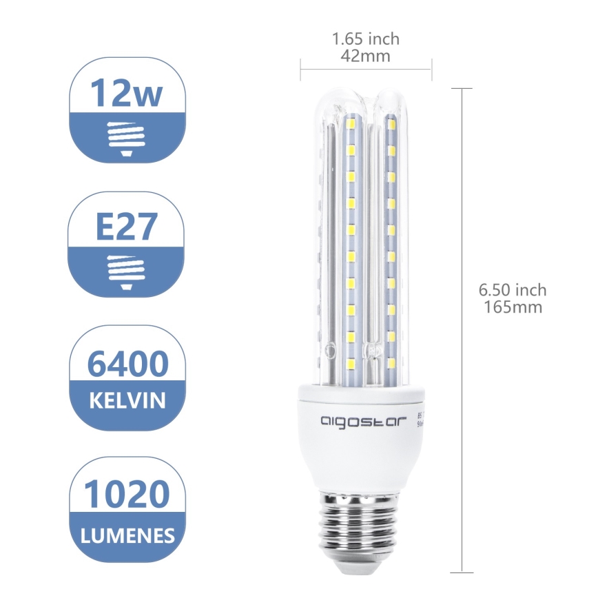 Светодиодная лампочка E27/12W/230V 6500K - Aigostar