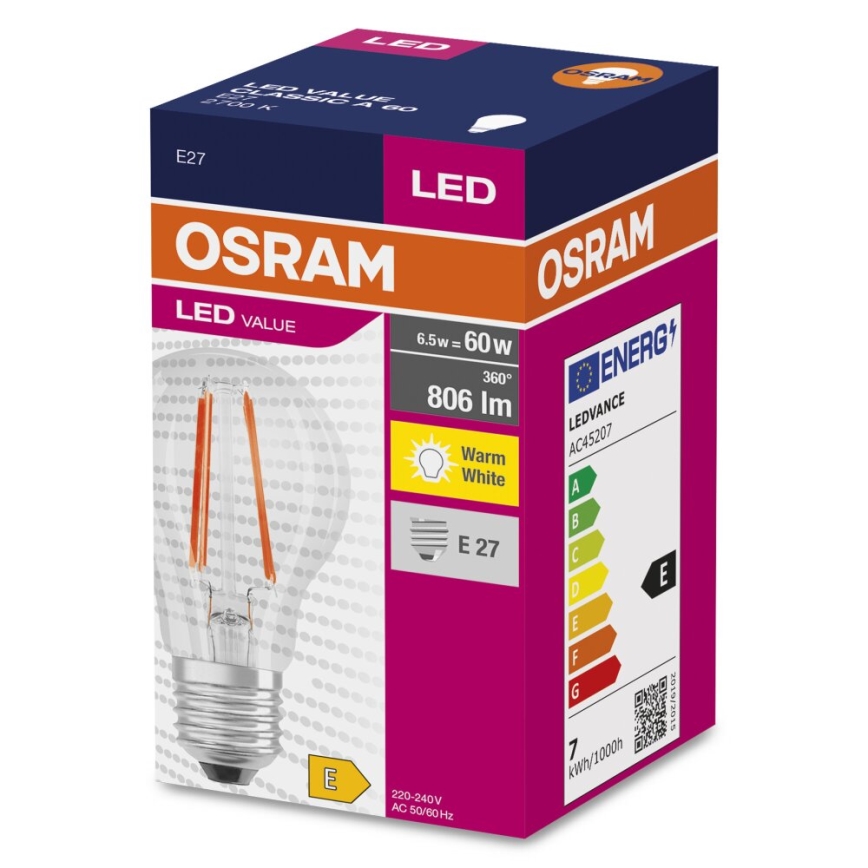 Светодиодная лампочка FILAMENT A60 E27/6,5W/230V 2700K - Osram