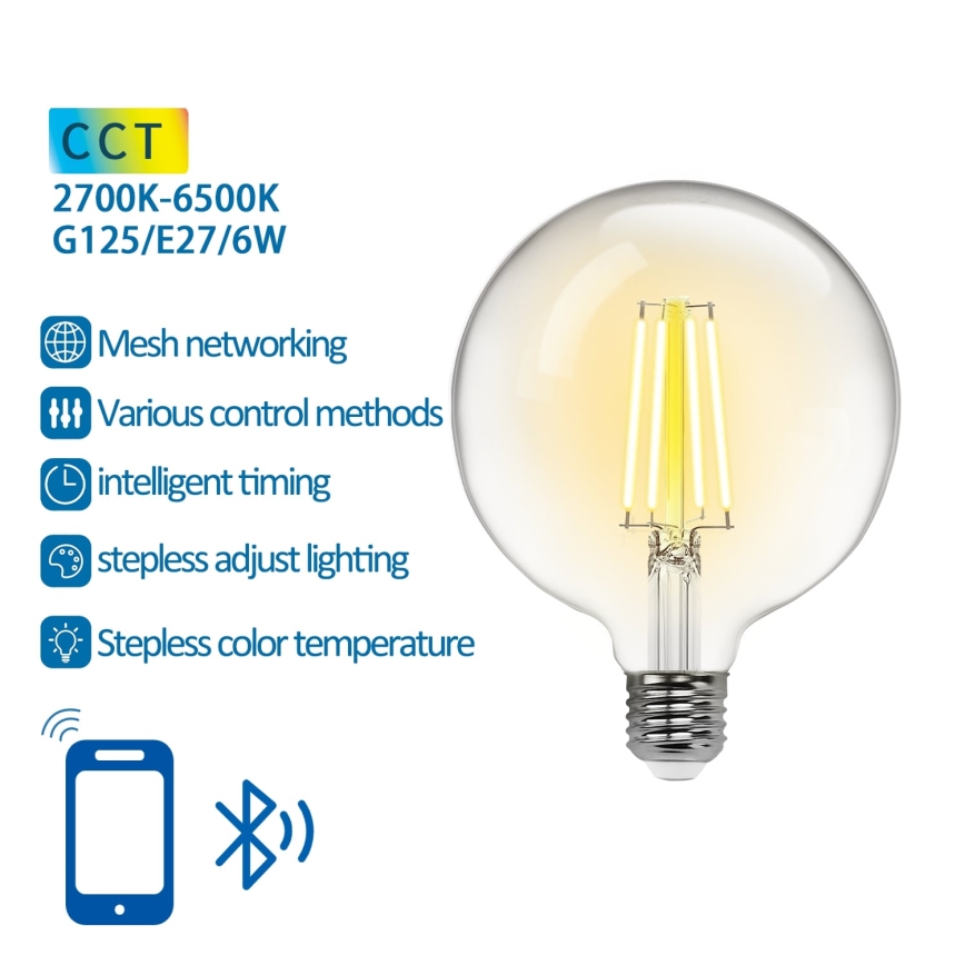 Светодиодная лампочка с регулированием яркости FILAMENT MESH Smart G125 E27/6W/230V 2700-6500K - Aigostar