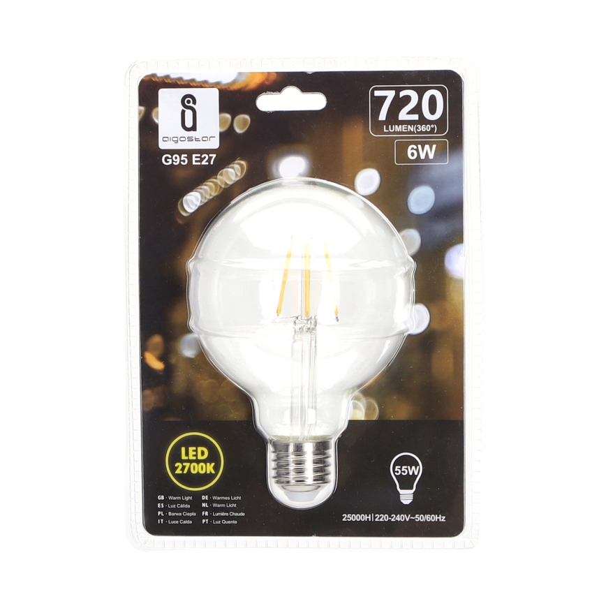 Светодиодная лампочка FILAMENT G95 E27/6W/230V 2700K - Aigostar