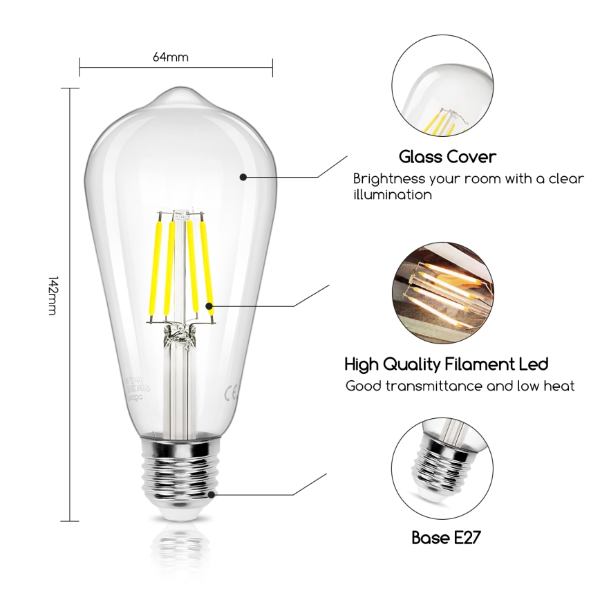 Светодиодная лампочка FILAMENT ST64 E27/4W/230V 6500K - Aigostar