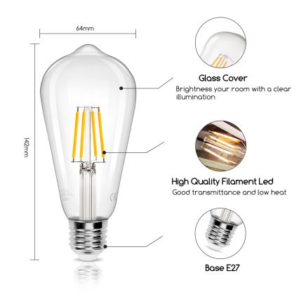 Светодиодная лампочка FILAMENT ST64 E27/6W/230V 2700K - Aigostar