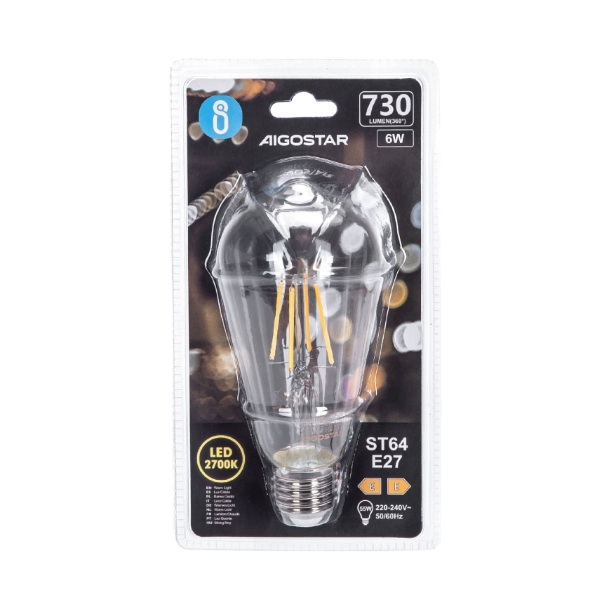 Светодиодная лампочка FILAMENT ST64 E27/6W/230V 2700K - Aigostar