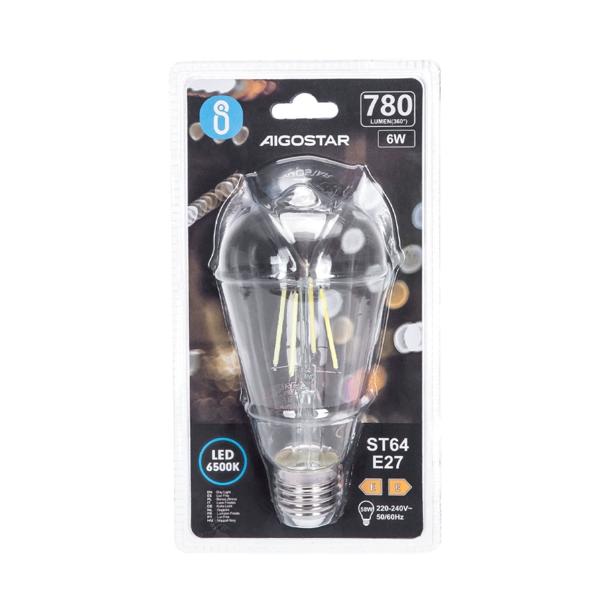 Светодиодная лампочка FILAMENT ST64 E27/6W/230V 6500K - Aigostar