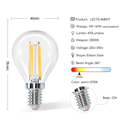 Светодиодная лампочка G45 E14/4W/230V 2700K - Aigostar