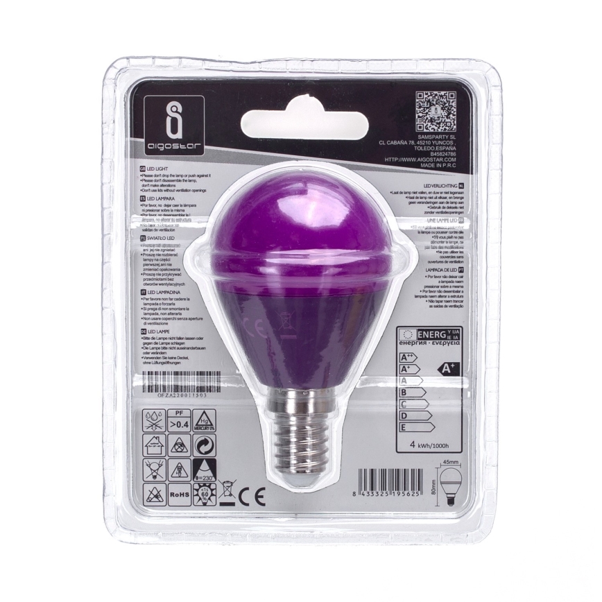 Светодиодная лампочка G45 E14/4W/230V фиолетовый - Aigostar